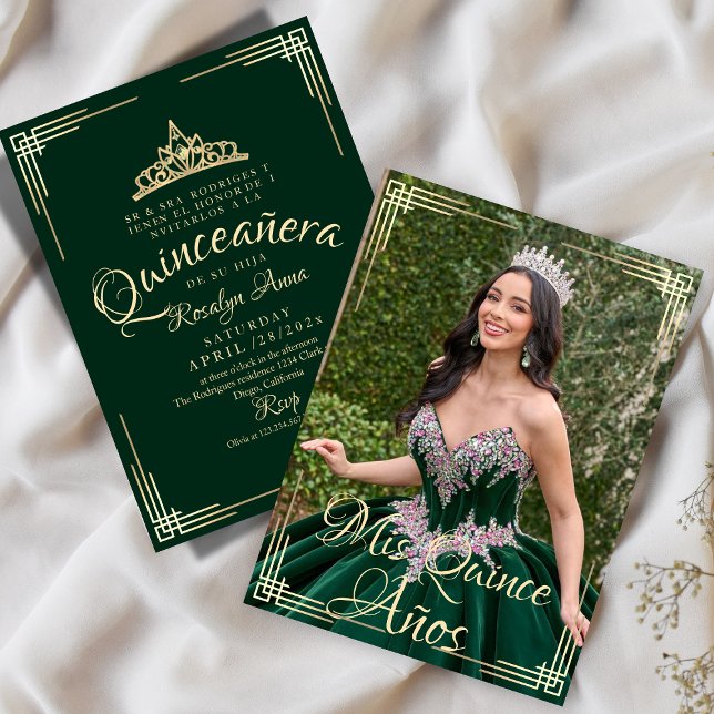 Elegant Spanish Quinceañera Mis Quince Green Gold Invitation (Creator Uploaded)