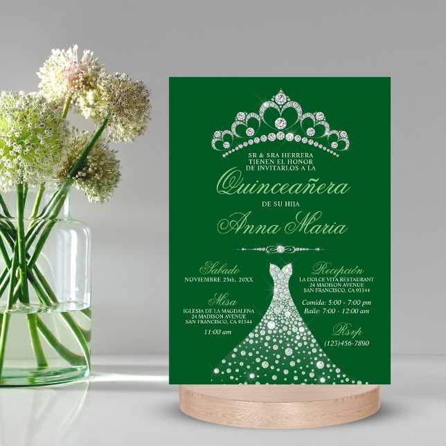 Elegant Spanish Quinceañera Mis Quince Green Invitation (Creator Uploaded)