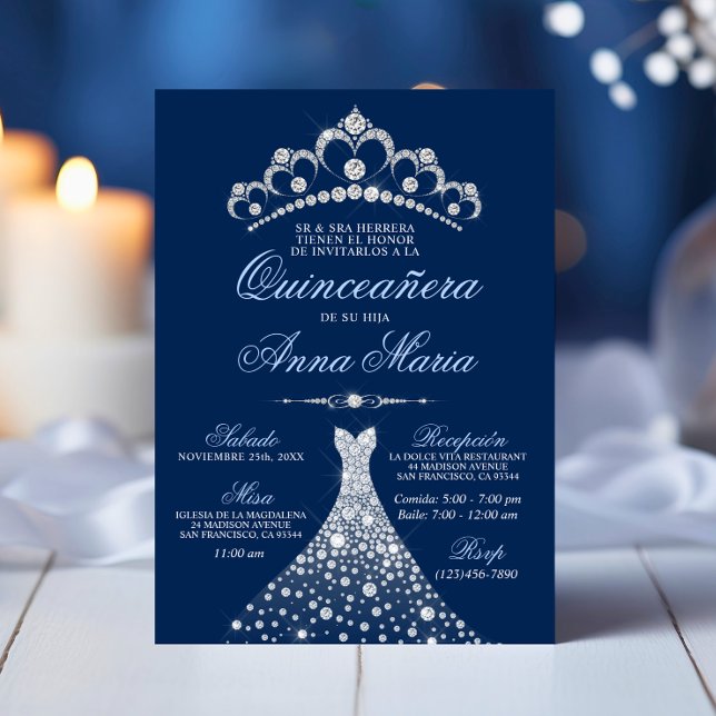 Elegant Spanish Quinceañera Mis Quince Navy Blue Invitation (Elegant Spanish Quinceañera Mis Quince Navy Blue Invitation)