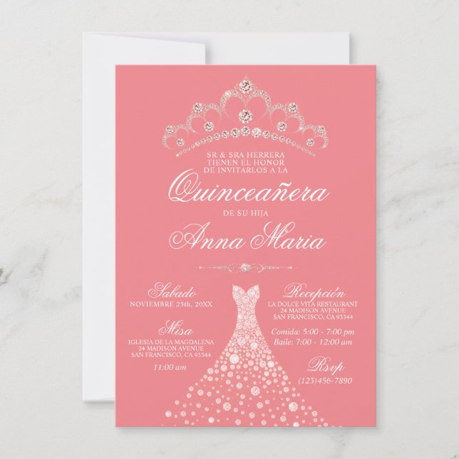 Elegant Spanish Quinceañera Mis Quince Pink Invita Invitation (Front)