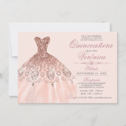 Elegant Spanish Quinceañera Mis Quince Pink Rose Invitation | Zazzle