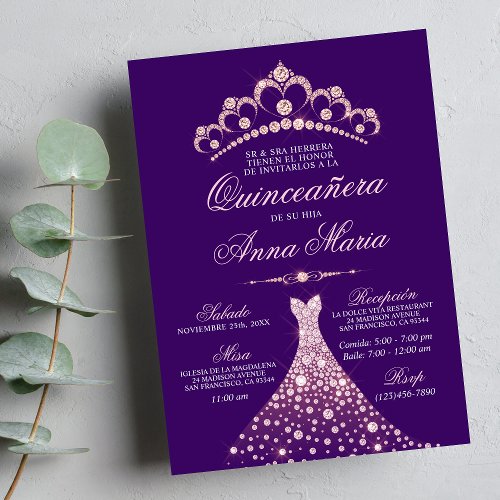 Elegant Spanish Quinceaera Mis Quince Purple Invitation