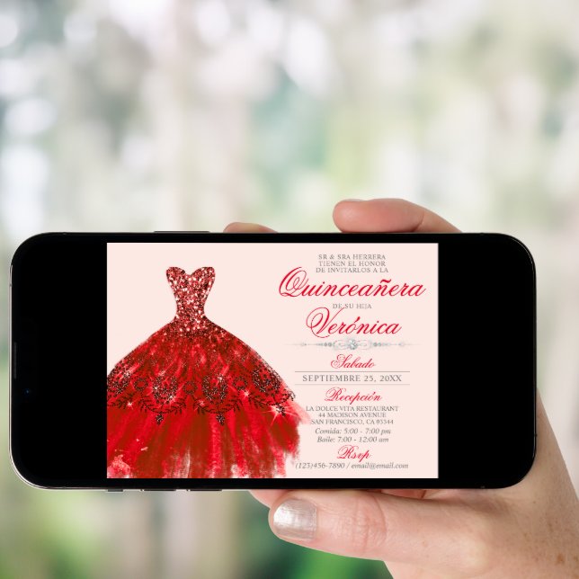 Elegant Spanish Quinceañera Mis Quince RED roses Invitation (Front Digital)