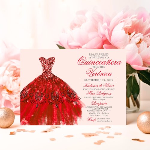 Elegant Spanish Quinceaera Mis Quince RED roses Invitation