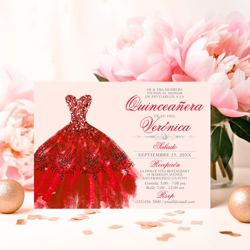 Elegant Spanish Quinceaera Mis Quince RED roses Invitation