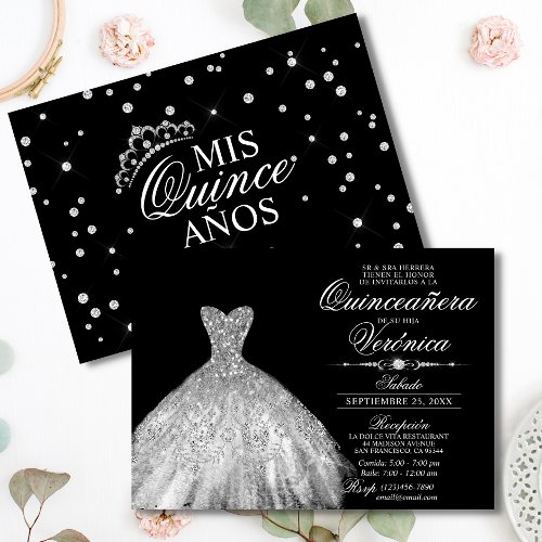 Elegant Spanish Quinceaera Mis Quince Silver Invitation