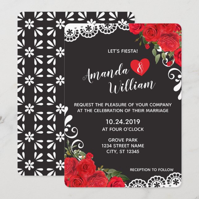 Elegant Spanish Red Rose & Lace Wedding Invitation (Front/Back)