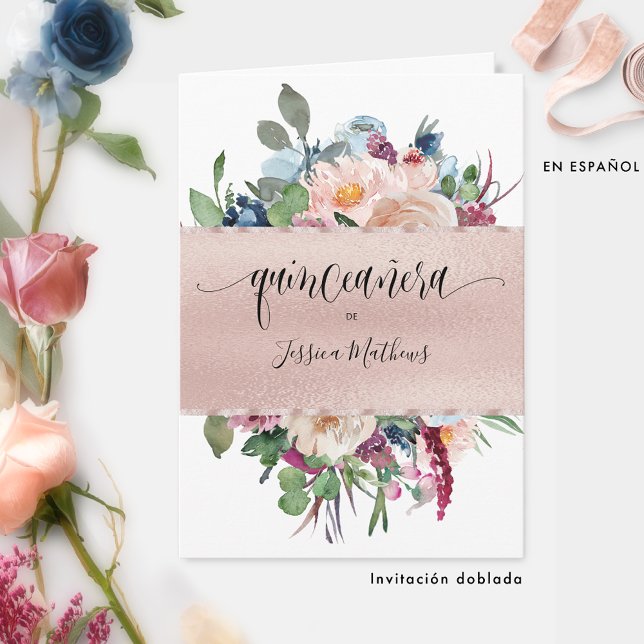Elegant Spanish Rose Gold Quinceañera Folded Invitation (Creator Uploaded)