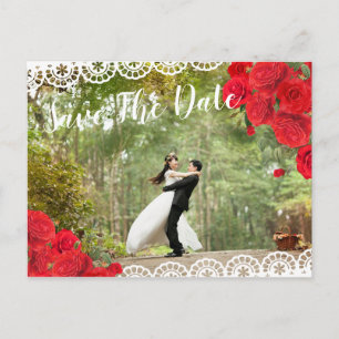 Elegant Spanish Rose & Lace Save The Date red/blk Announcement Postcard