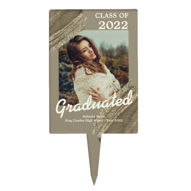 Elegant Spark Gold Graduation Photo Announcement  Cake Topper (Front)