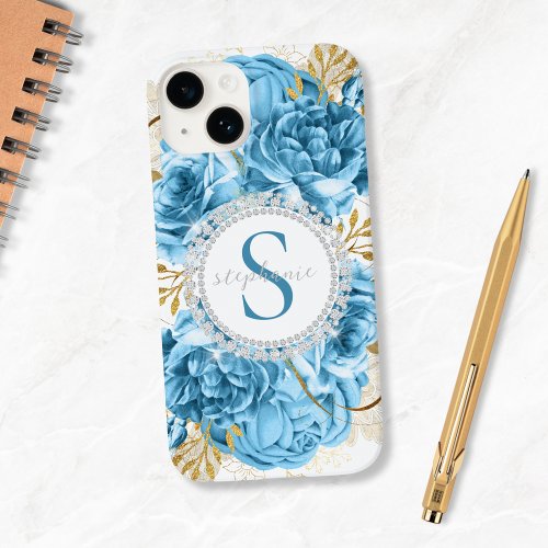 Elegant Sparkle Blue Roses Diamonds Monogram Case_Mate iPhone 14 Case