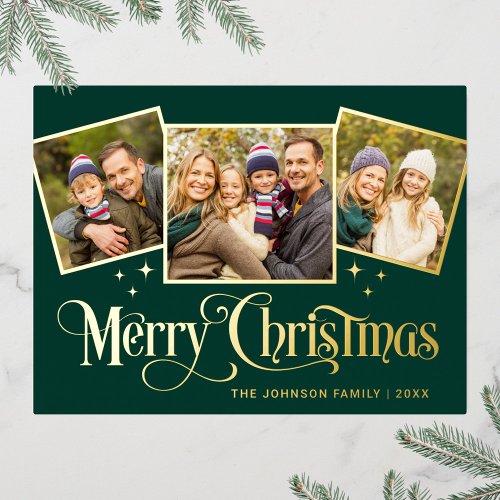 Elegant Sparkle Christmas 3 PHOTO Greeting Gold Foil Holiday Postcard