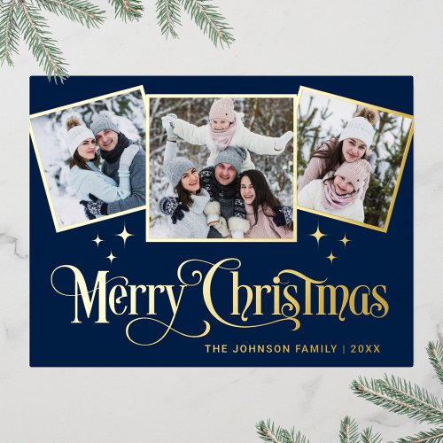 Elegant Sparkle Christmas 3 PHOTO Greeting Gold Foil Holiday Postcard