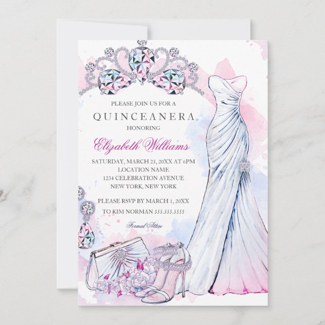Elegant Sparkle Crystal Gown Quinceanera Invite (Front)