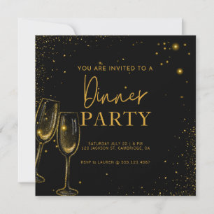 Elegant Sparkle Dinner Party Gold Black   Invitation