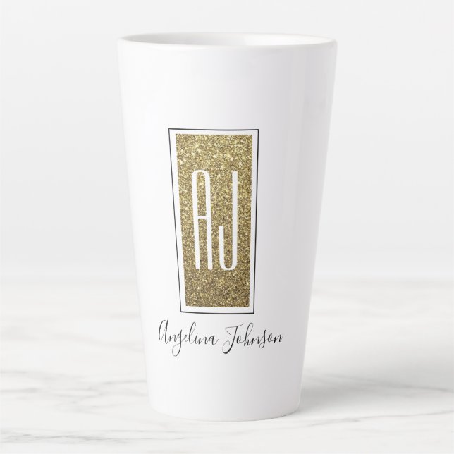 Elegant Sparkle Gold Glitter Monogram Name Latte Mug (Front)