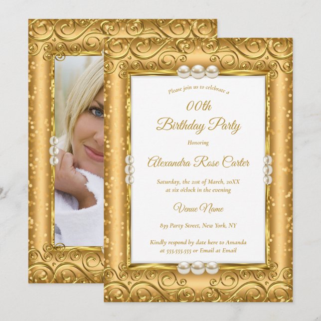 Elegant SPARKLE GOLD White Pearl Photo Birthday Invitation (Front/Back)