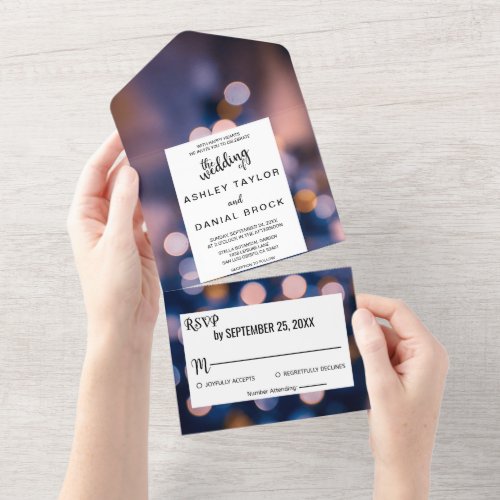 Elegant sparkle lights bokeh blur blue Wedding All All In One Invitation