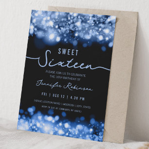 Elegant Sparkle Lights Sweet Sixteen Navy Blue  Invitation