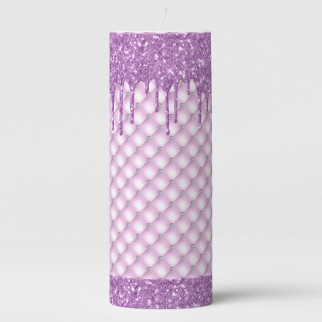 Elegant Sparkle Purple Bling Glam Modern Glitter Pillar Candle (Front)