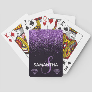 Elegant Sparkle Purple Glitter Monogram Poker Cards
