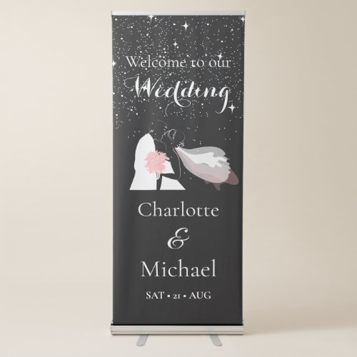 Elegant Sparkle Star Bride And Groom Wedding Black Retractable Banner