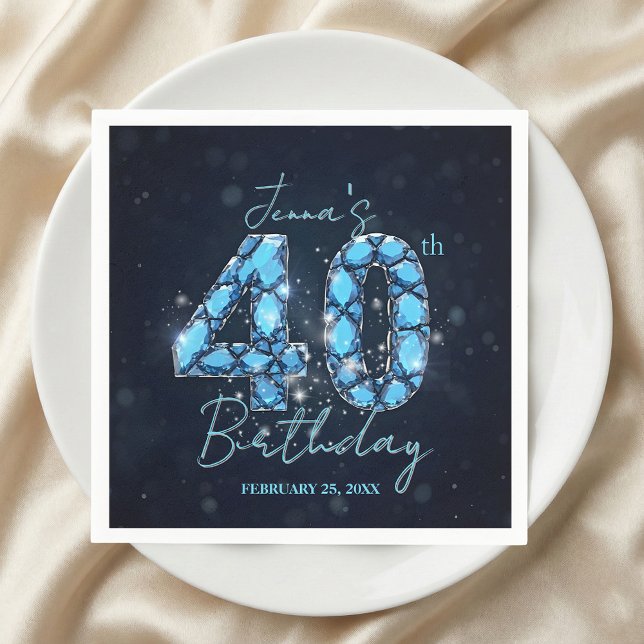 Elegant Sparkle Teal Blue Gemstone 40th Birthday Napkins (Creator Uploaded)