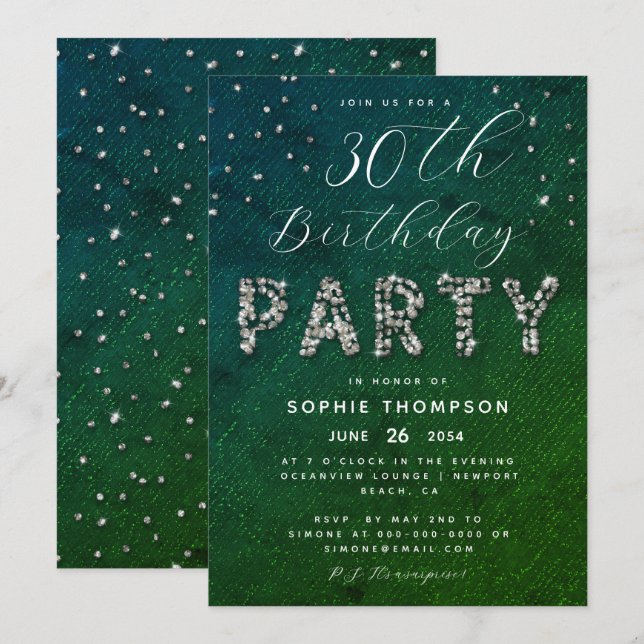 Elegant Sparkles Glitter Emerald Birthday Party Invitation (Front/Back)
