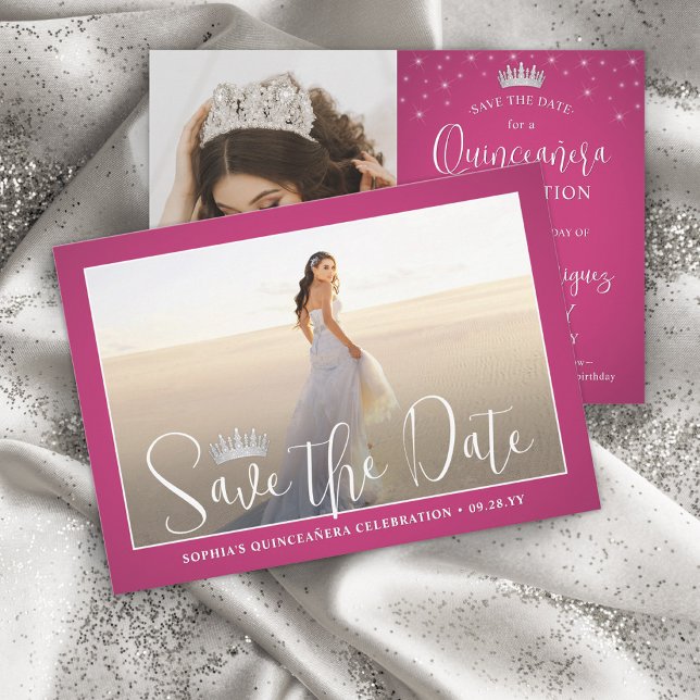 Elegant Sparkles Quinceañera 2 Photo Fuschia Pink Save The Date (Creator Uploaded)