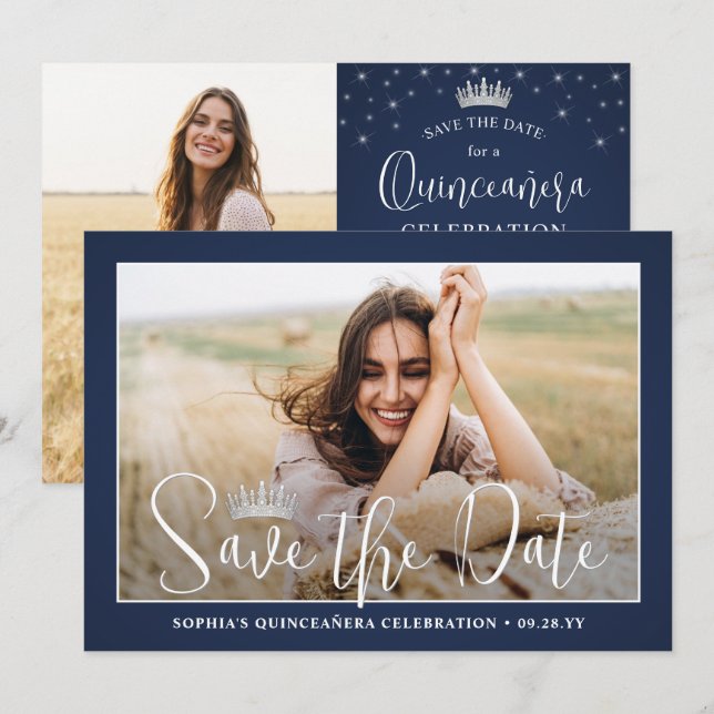 Elegant Sparkles Quinceañera 2 Photo Navy Blue Save The Date (Front/Back)
