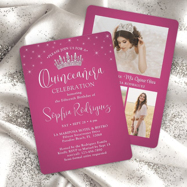 Elegant Sparkles Quinceañera 3 Photo Fuschia Pink Invitation (Creator Uploaded)