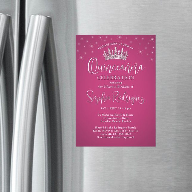 Elegant Sparkles Quinceañera Crown Fuschia Pink Magnetic Invitation (Creator Uploaded)