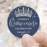Elegant Sparkles Quinceañera Crown Navy Blue Classic Round Sticker<br><div class="desc">Add a personalized touch to 15th birthday party invitations, favors, decorations, and thank you notes with elegant Quinceañera round stickers. All wording on this template is simple to customize for envelope seals or gift tags. The colors and font styles can be easily changed with the Zazzle Design Editor tool. The...</div>