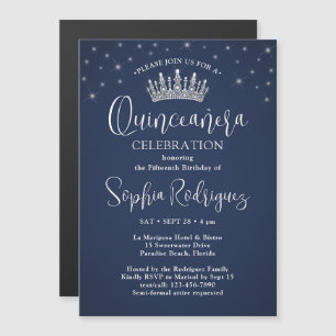 Elegant Sparkles Quinceañera Crown Navy Blue Magnetic Invitation