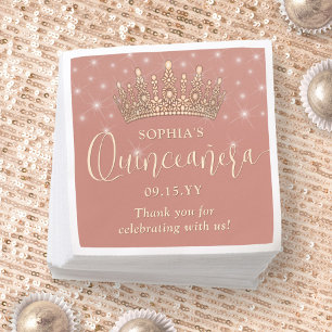 Elegant Sparkles Quinceañera Crown Rose Gold Napkins