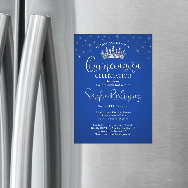 Elegant Sparkles Quinceañera Crown Royal Blue Magnetic Invitation (Creator Uploaded)