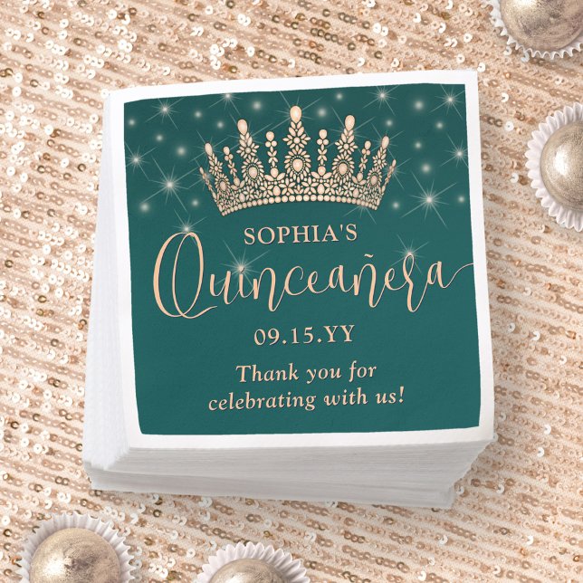 Elegant Sparkles Rose Gold Quinceañera Crown Green Napkins (Creator Uploaded)