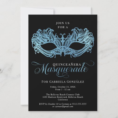 Elegant Sparkling Blue Masquerade Mask Quinceanera Invitation