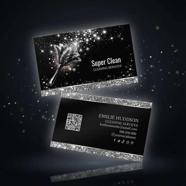 Elegant Sparkling Cleaning Service Business Card  (#cleaningservice #businesscarddesign #sparklecard #glitterdesign #blackandsilver #brandingdesign )
