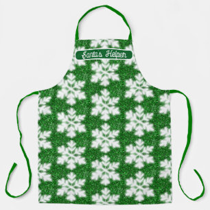 Elegant sparkling glitter green frosty snowflake apron