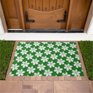 Elegant sparkling glitter green frosty snowflake doormat