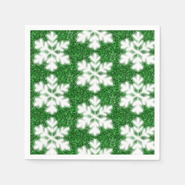 Elegant sparkling glitter green frosty snowflake napkins (Front)