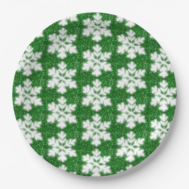 Elegant sparkling glitter green frosty snowflake paper plates (Front)