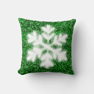 Elegant sparkling glitter green frosty snowflake throw pillow