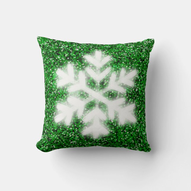 Elegant sparkling glitter green frosty snowflake throw pillow (Front)