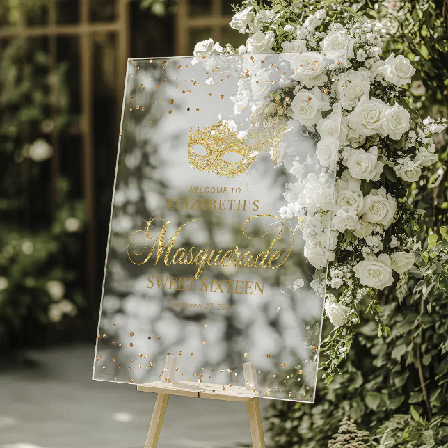 Masquerade Gold Lettering Elegant Sparkling Gold Glitter Masquerade Party Acrylic Sign | Zazzle