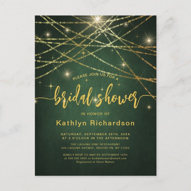 Elegant Sparkling Gold String Lights Bridal Shower Invitation Postcard (Front)