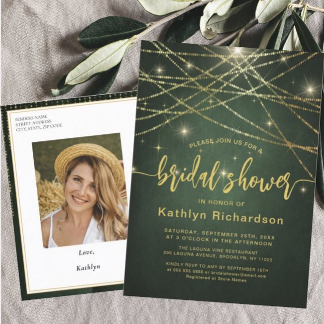 Elegant Sparkling Gold String Lights Bridal Shower Invitation Postcard
