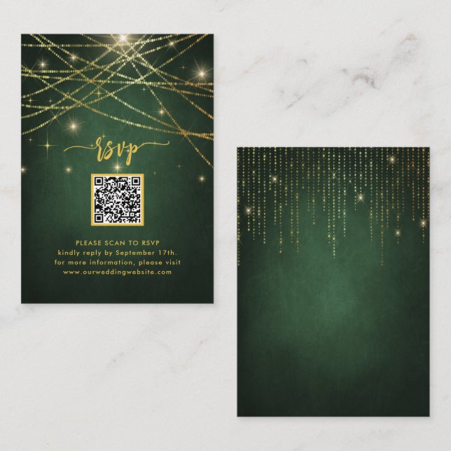 Elegant Sparkling Gold String Lights QR Code RSVP Enclosure Card (Front/Back)
