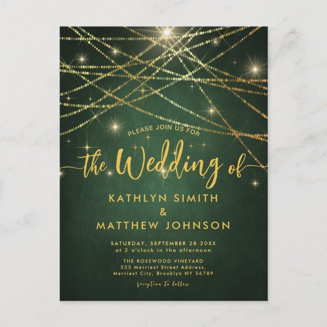 Elegant Sparkling Gold String Lights Wedding Invitation Postcard (Front)
